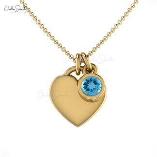 Round Cut Bezel Set Chain Necklace in 14k Solid Gold Swiss Blue Topaz Fine Jewelry