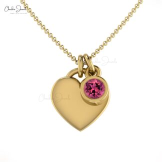 Pure 14k Gold Heart Shape Necklace in 0.17 Ct Pink Tourmaline Solitaire Chain Necklace