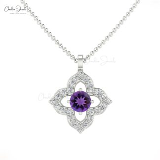 Gemstone Floral Pendant With 3mm Round Amethyst And Diamond Necklace in 14k Real Gold
