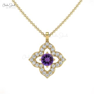 Gemstone Floral Pendant With 3mm Round Amethyst And Diamond Necklace in 14k Real Gold