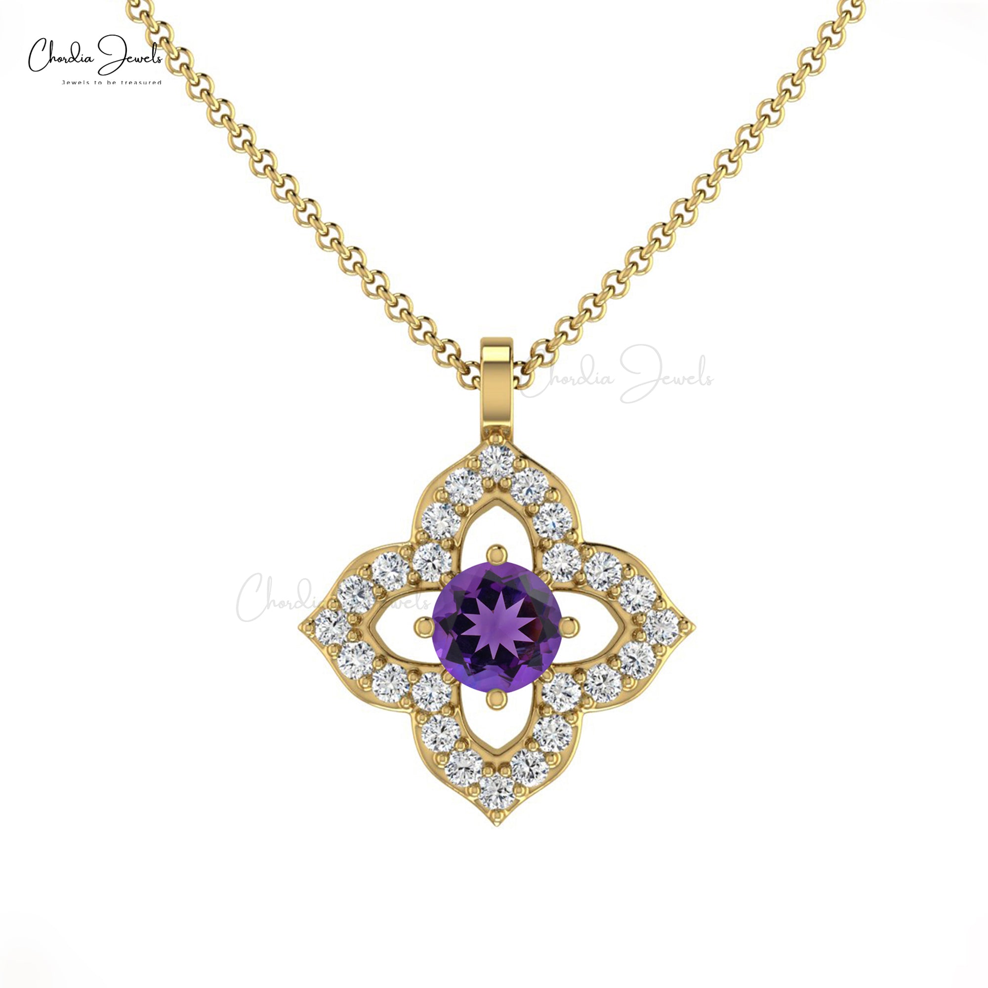 Gemstone Floral Pendant With 3mm Round Amethyst And Diamond Necklace in 14k Real Gold