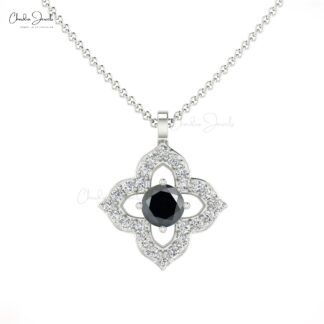 Diamond Clover Pendants With 3mm Black Diamond Prong Set In 14k Real Gold Floral Pendant