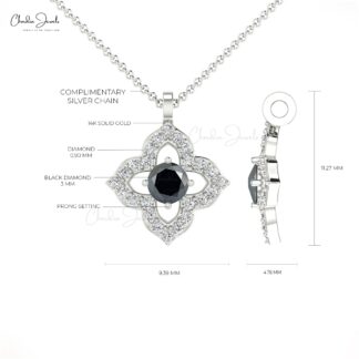 Diamond Clover Pendants With 3mm Black Diamond Prong Set In 14k Real Gold Floral Pendant