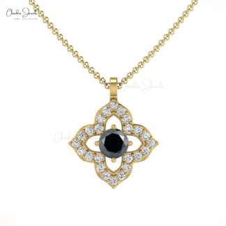 Diamond Clover Pendants With 3mm Black Diamond Prong Set In 14k Real Gold Floral Pendant