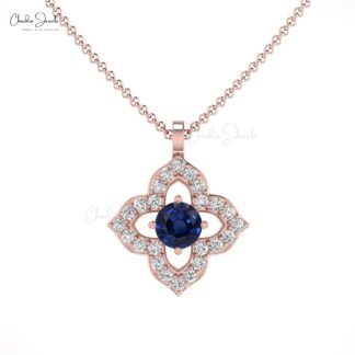Flower Style Diamond Pendant In Real 14k Gold Blue Sapphire September Birthstone Jewelry