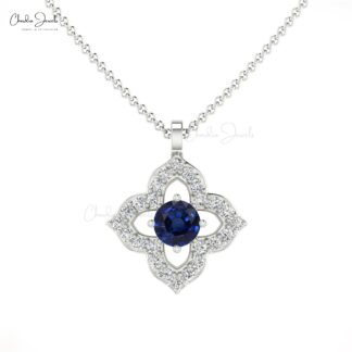 Flower Style Diamond Pendant In Real 14k Gold Blue Sapphire September Birthstone Jewelry