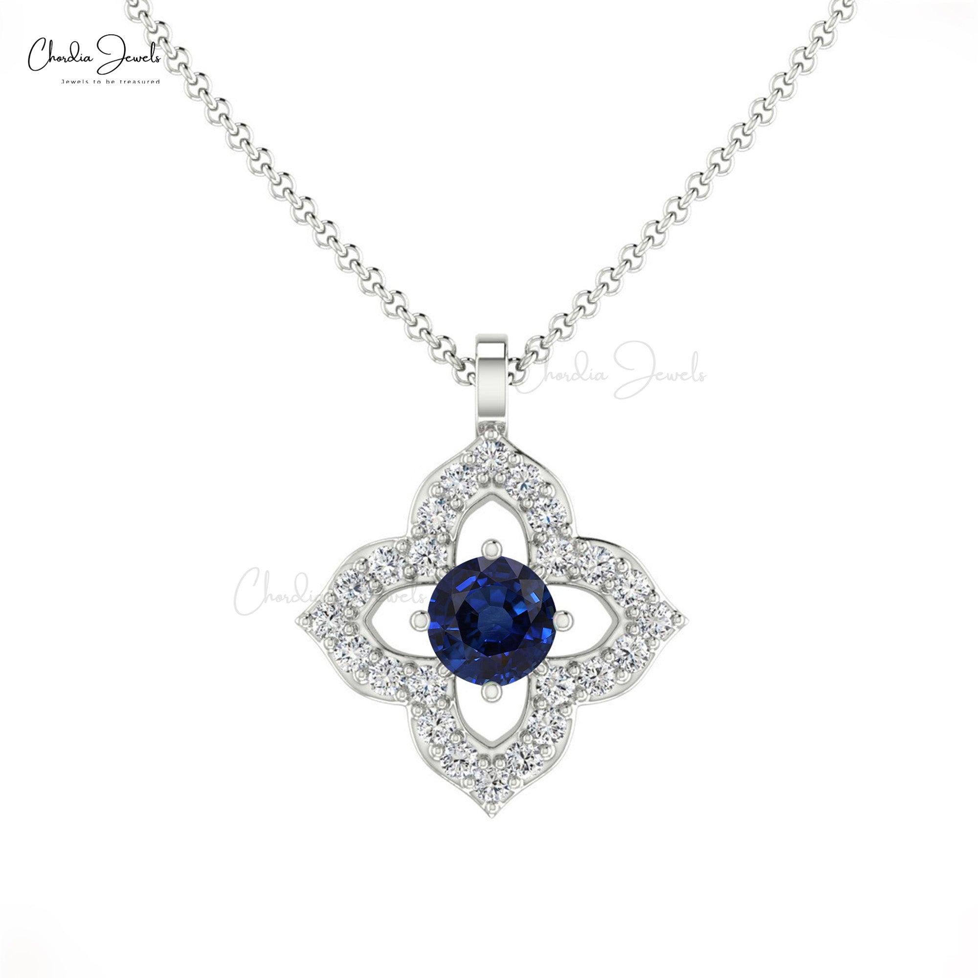 Flower Style Diamond Pendant In Real 14k Gold Blue Sapphire September Birthstone Jewelry
