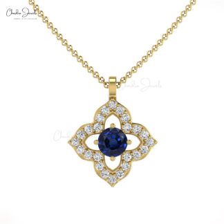 Flower Style Diamond Pendant In Real 14k Gold Blue Sapphire September Birthstone Jewelry