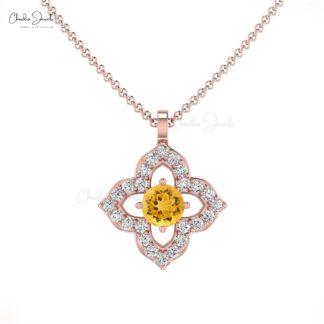 Floral Unique Pendant In 14k Solid Gold Citrine 0.17 Ct Gemstone And Diamond Clover Pendants
