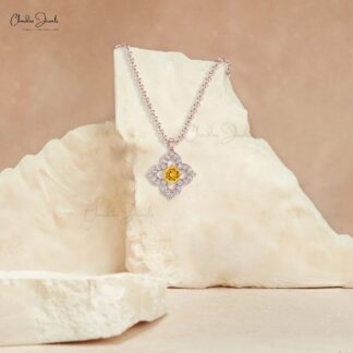 Floral Unique Pendant In 14k Solid Gold Citrine 0.17 Ct Gemstone And Diamond Clover Pendants