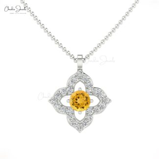 Floral Unique Pendant In 14k Solid Gold Citrine 0.17 Ct Gemstone And Diamond Clover Pendants