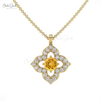 Floral Unique Pendant In 14k Solid Gold Citrine 0.17 Ct Gemstone And Diamond Clover Pendants