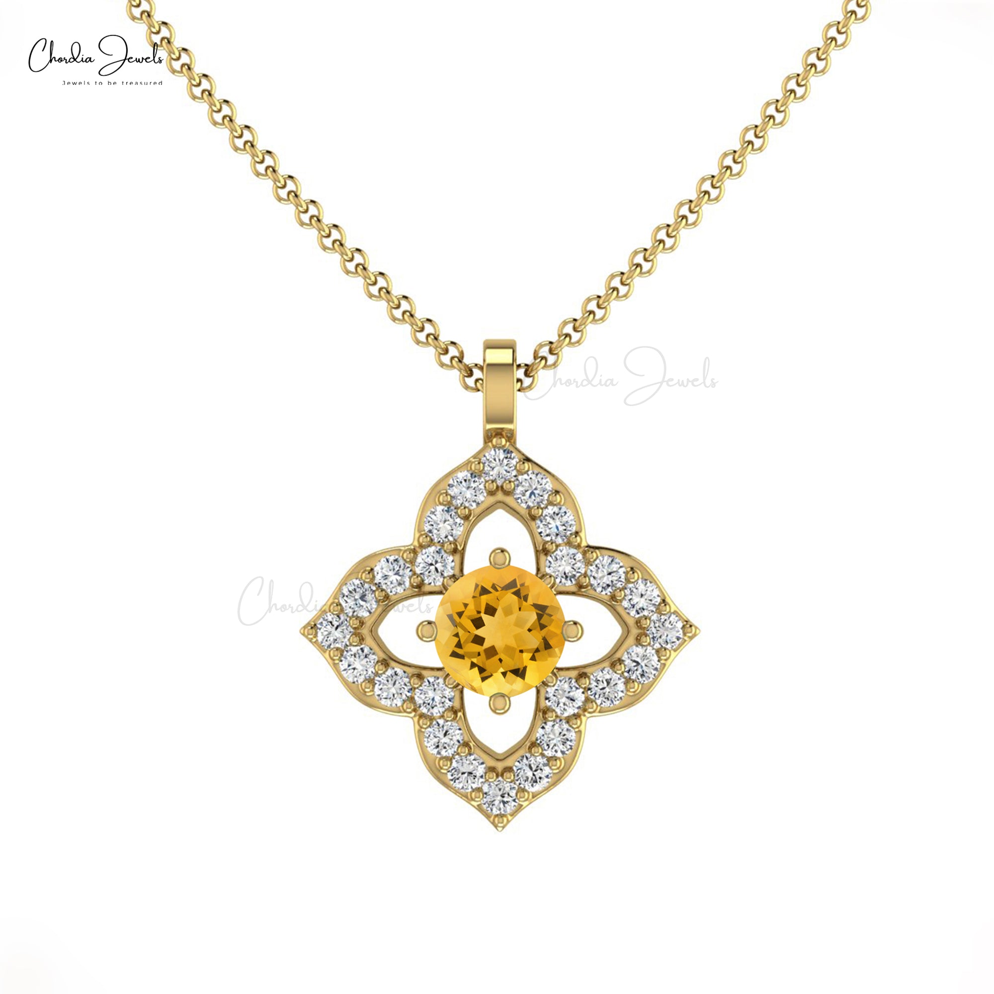 Floral Unique Pendant In 14k Solid Gold Citrine 0.17 Ct Gemstone And Diamond Clover Pendants