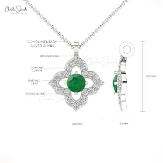 Floral Pendant With Natural Emerald Gemstone 14k Solid Gold Diamond Accents Unique Pendant