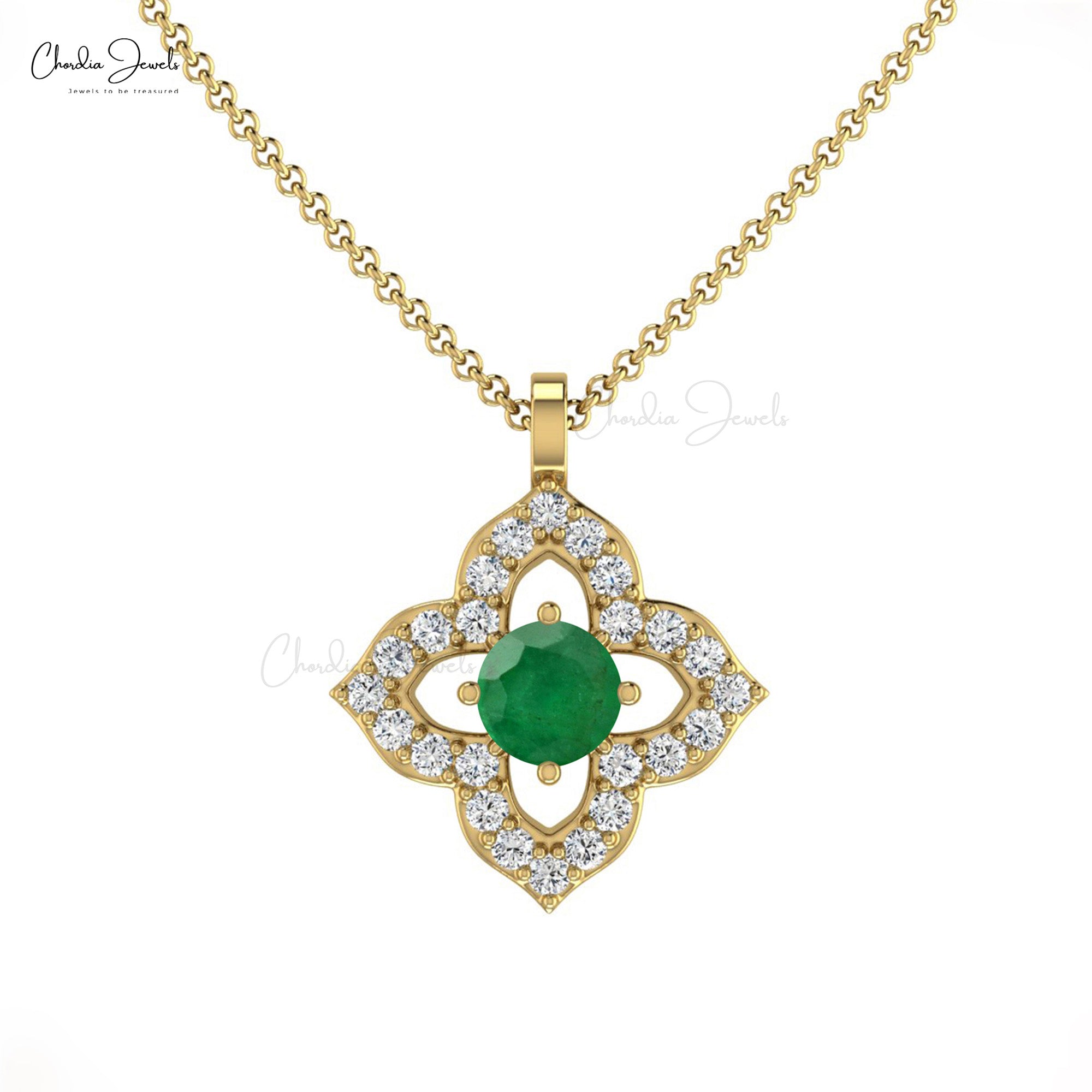 Floral Pendant With Natural Emerald Gemstone 14k Solid Gold Diamond Accents Unique Pendant