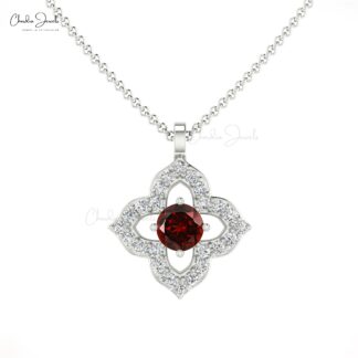 Elegant Round Garnet Pendant Necklace in 14K Gold with G-H Diamond