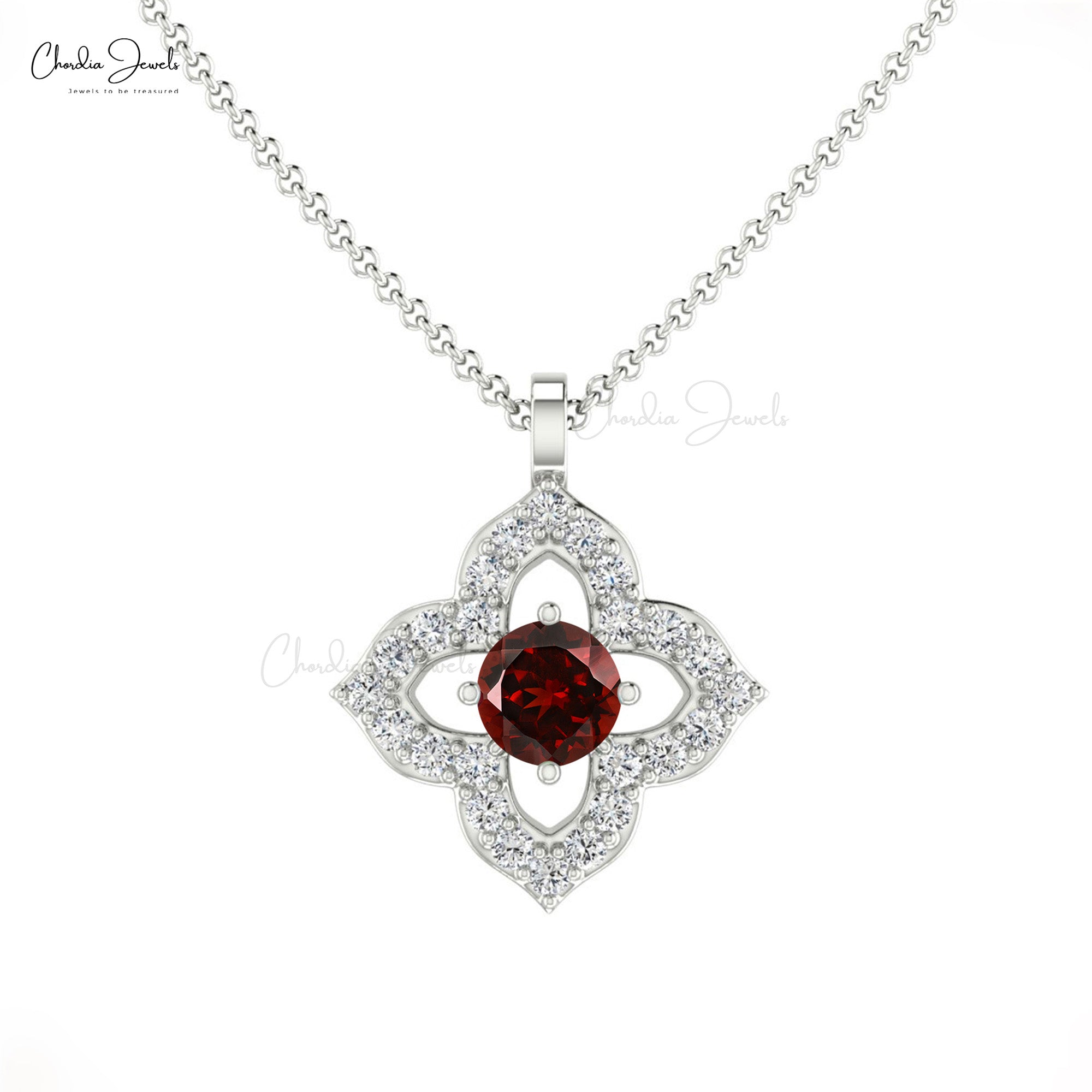 Elegant Round Garnet Pendant Necklace in 14K Gold with G-H Diamond