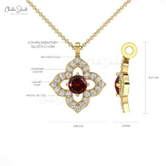 Elegant Round Garnet Pendant Necklace in 14K Gold with G-H Diamond