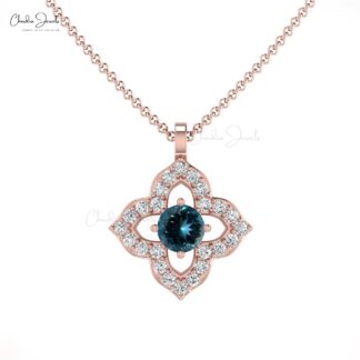 Dual Birthstone Flower Pendant In Solid 14k Gold London Blue Topaz Diamond Necklace