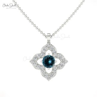 Dual Birthstone Flower Pendant In Solid 14k Gold London Blue Topaz Diamond Necklace