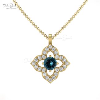 Dual Birthstone Flower Pendant In Solid 14k Gold London Blue Topaz Diamond Necklace