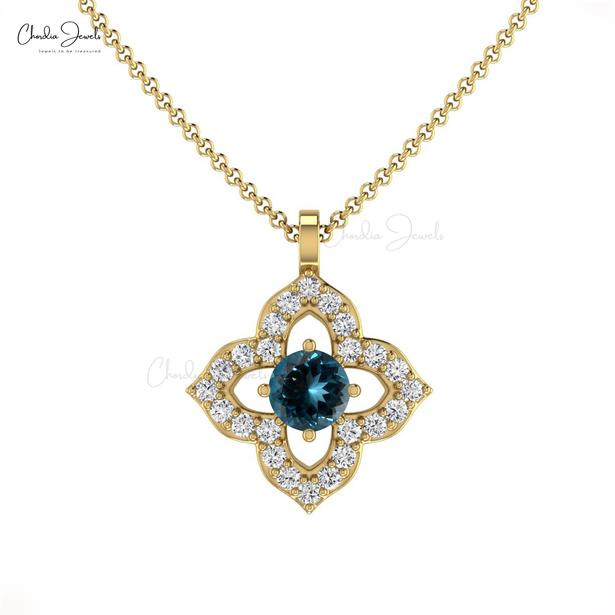 Dual Birthstone Flower Pendant In Solid 14k Gold London Blue Topaz Diamond Necklace