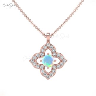 Round Fire Opal Floral Pendant In 14k Solid Gold Gemstone And Pave Diamond Fine Jewelry