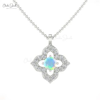 Round Fire Opal Floral Pendant In 14k Solid Gold Gemstone And Pave Diamond Fine Jewelry