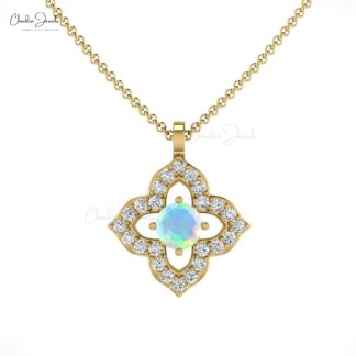 Round Fire Opal Floral Pendant In 14k Solid Gold Gemstone And Pave Diamond Fine Jewelry