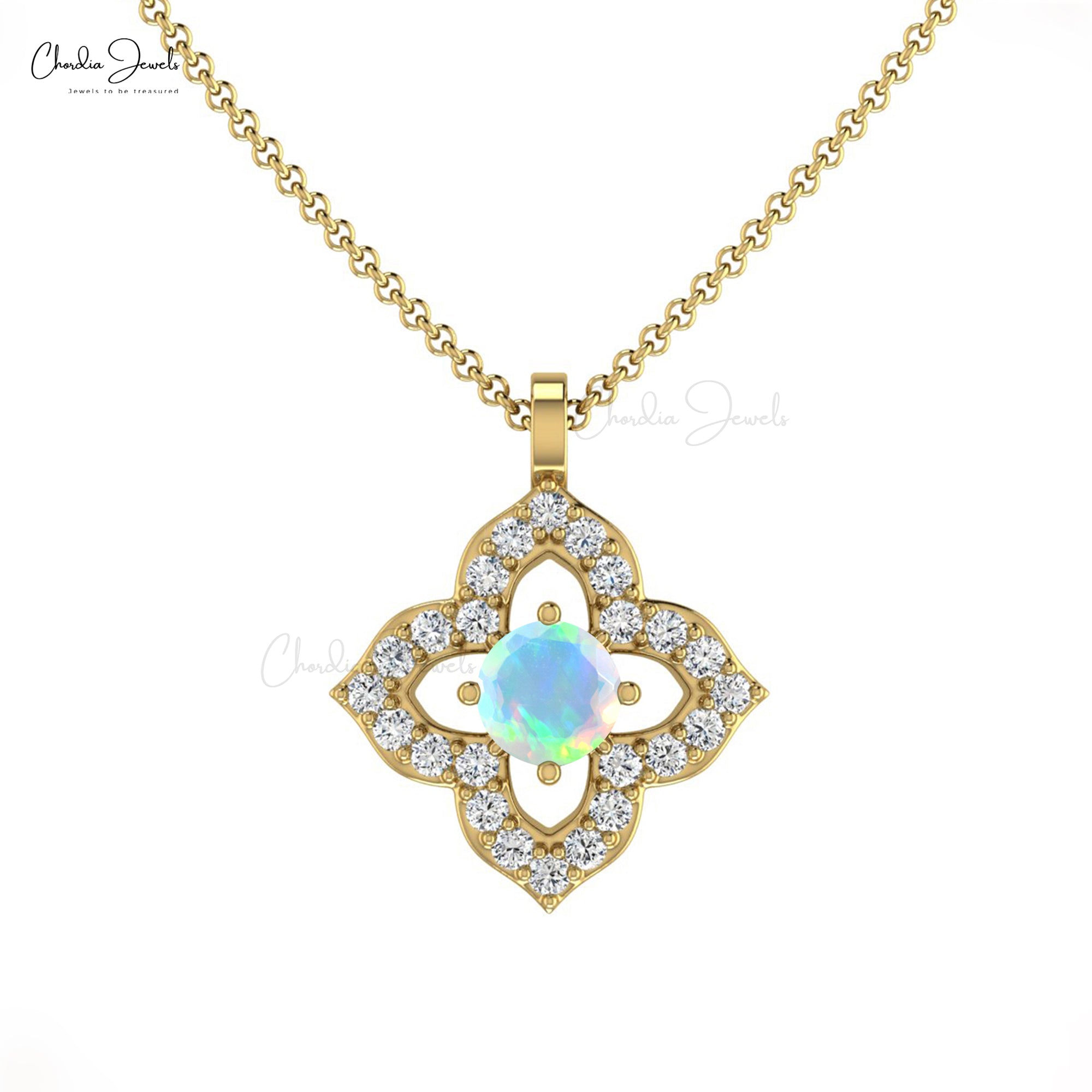 Round Fire Opal Floral Pendant In 14k Solid Gold Gemstone And Pave Diamond Fine Jewelry