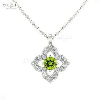 Floral Wedding Pendant With 0.17 Ct Peridot And Diamond Accents In 14k Solid Gold Necklace