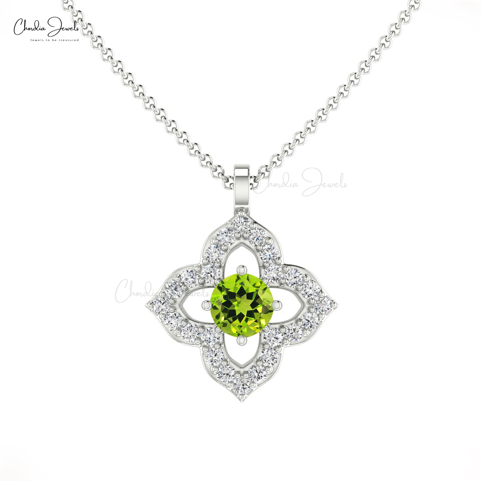 Floral Wedding Pendant With 0.17 Ct Peridot And Diamond Accents In 14k Solid Gold Necklace