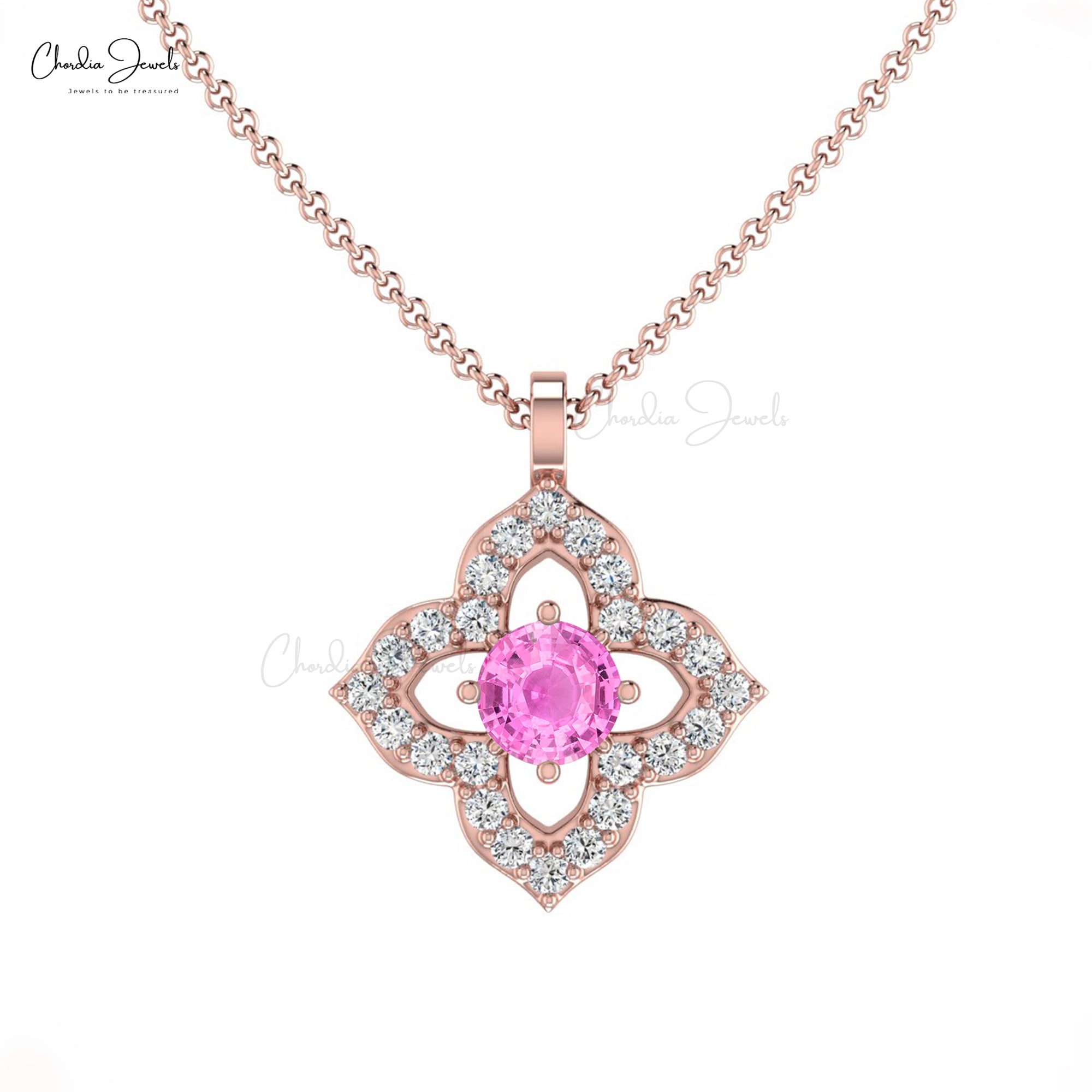 Genuine 0.17 Ct Pink Sapphire Flower Pendant In Solid 14k Gold Diamond Minimal Pendants
