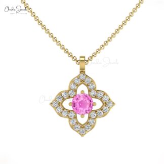Genuine 0.17 Ct Pink Sapphire Flower Pendant In Solid 14k Gold Diamond Minimal Pendants