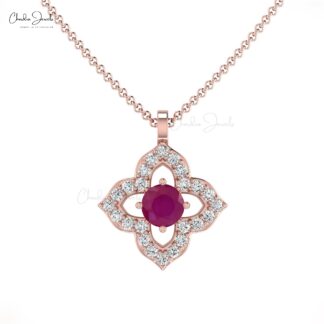 Genuine Round Cut Ruby 0.10Ct Floral Pendant 14k Solid Gold White Diamond Pendant Necklace