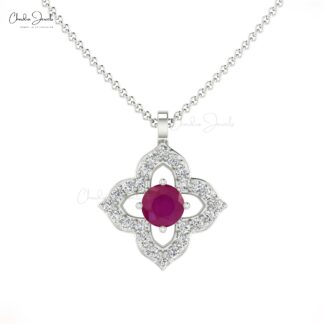 Genuine Round Cut Ruby 0.10Ct Floral Pendant 14k Solid Gold White Diamond Pendant Necklace