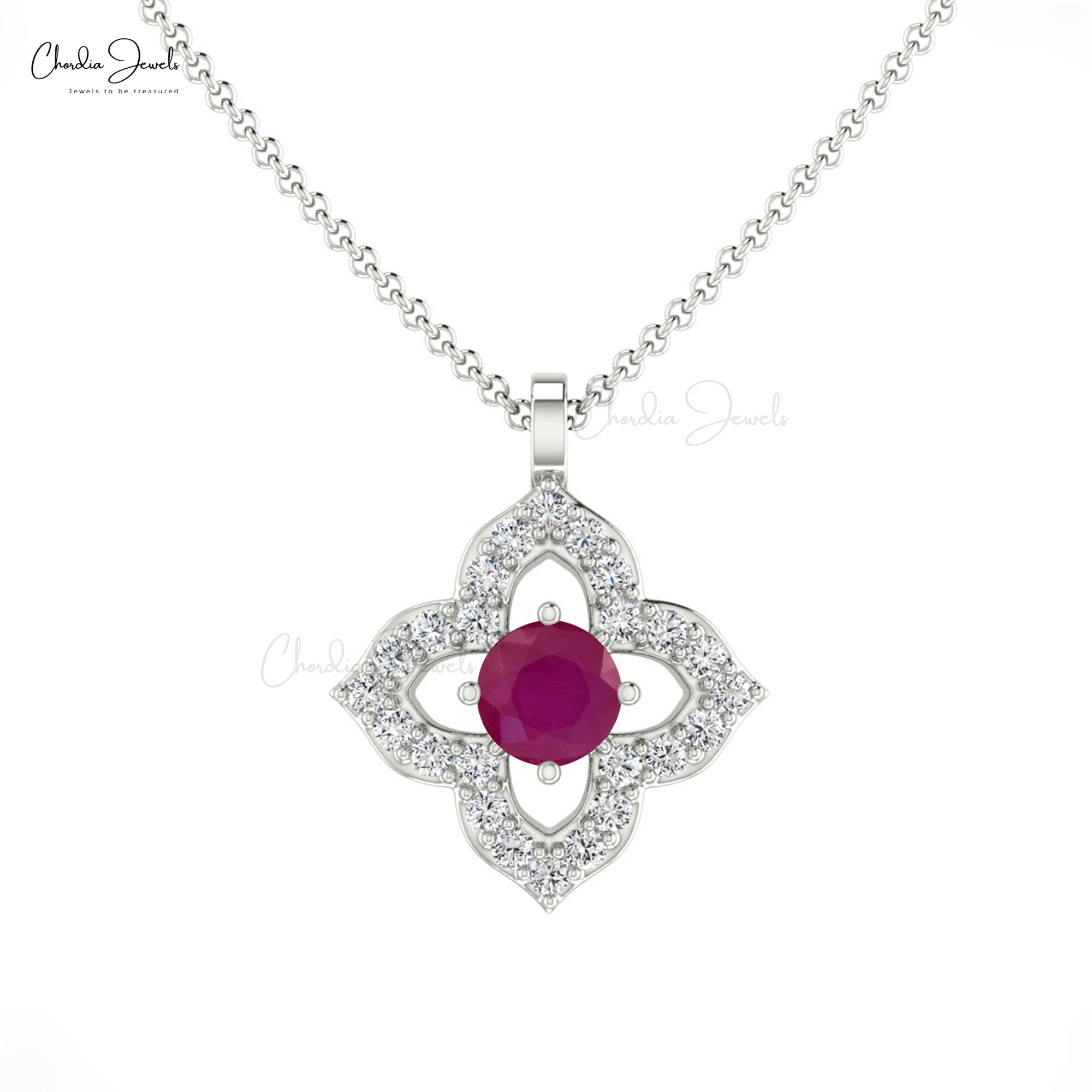 Genuine Round Cut Ruby 0.10Ct Floral Pendant 14k Solid Gold White Diamond Pendant Necklace
