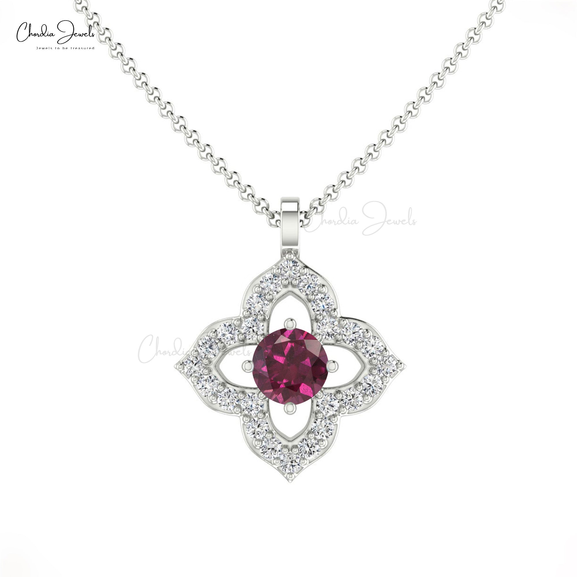 Real 14k Gold Floral Pendant with 3mm Rhodolite Garnet And G-H Diamond Necklace For Her