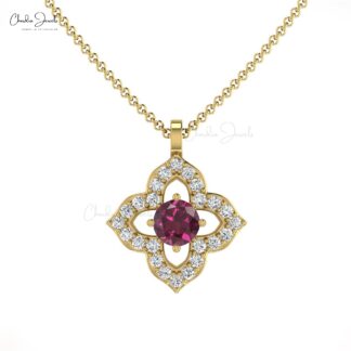 Real 14k Gold Floral Pendant with 3mm Rhodolite Garnet And G-H Diamond Necklace For Her