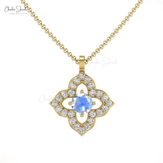 Round Floral Wedding Pendant With 3mm Rainbow Moonstone Real 14k Gold Diamond Jewelry