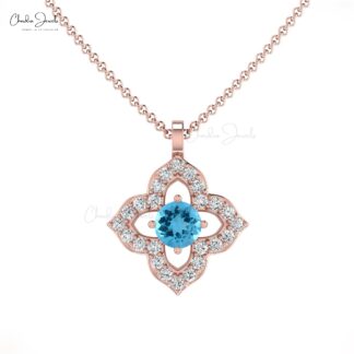 Clover Style Diamond Floral Pendant In 14k Solid Gold Swiss Blue Topaz 0.14 Ct Gemstone Pendants