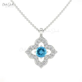 Clover Style Diamond Floral Pendant In 14k Solid Gold Swiss Blue Topaz 0.14 Ct Gemstone Pendants