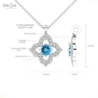 Clover Style Diamond Floral Pendant In 14k Solid Gold Swiss Blue Topaz 0.14 Ct Gemstone Pendants