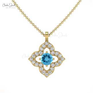 Clover Style Diamond Floral Pendant In 14k Solid Gold Swiss Blue Topaz 0.14 Ct Gemstone Pendants