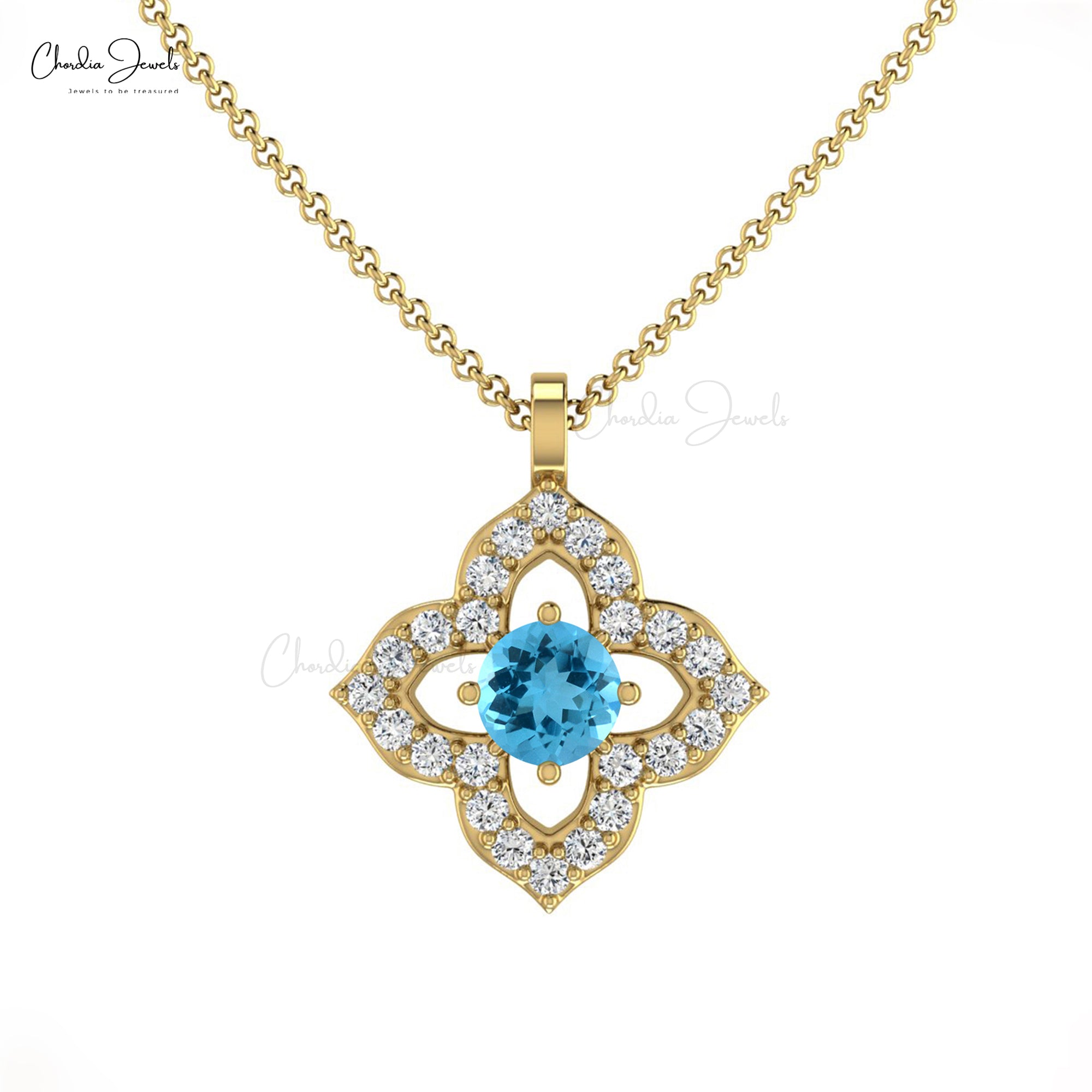 Clover Style Diamond Floral Pendant In 14k Solid Gold Swiss Blue Topaz 0.14 Ct Gemstone Pendants