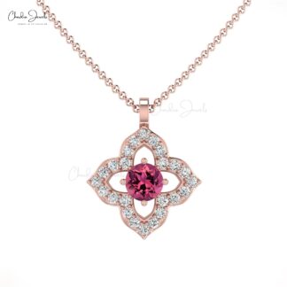 High Quality 14K Gold Pink Tourmaline & Round diamond Pendant Necklace