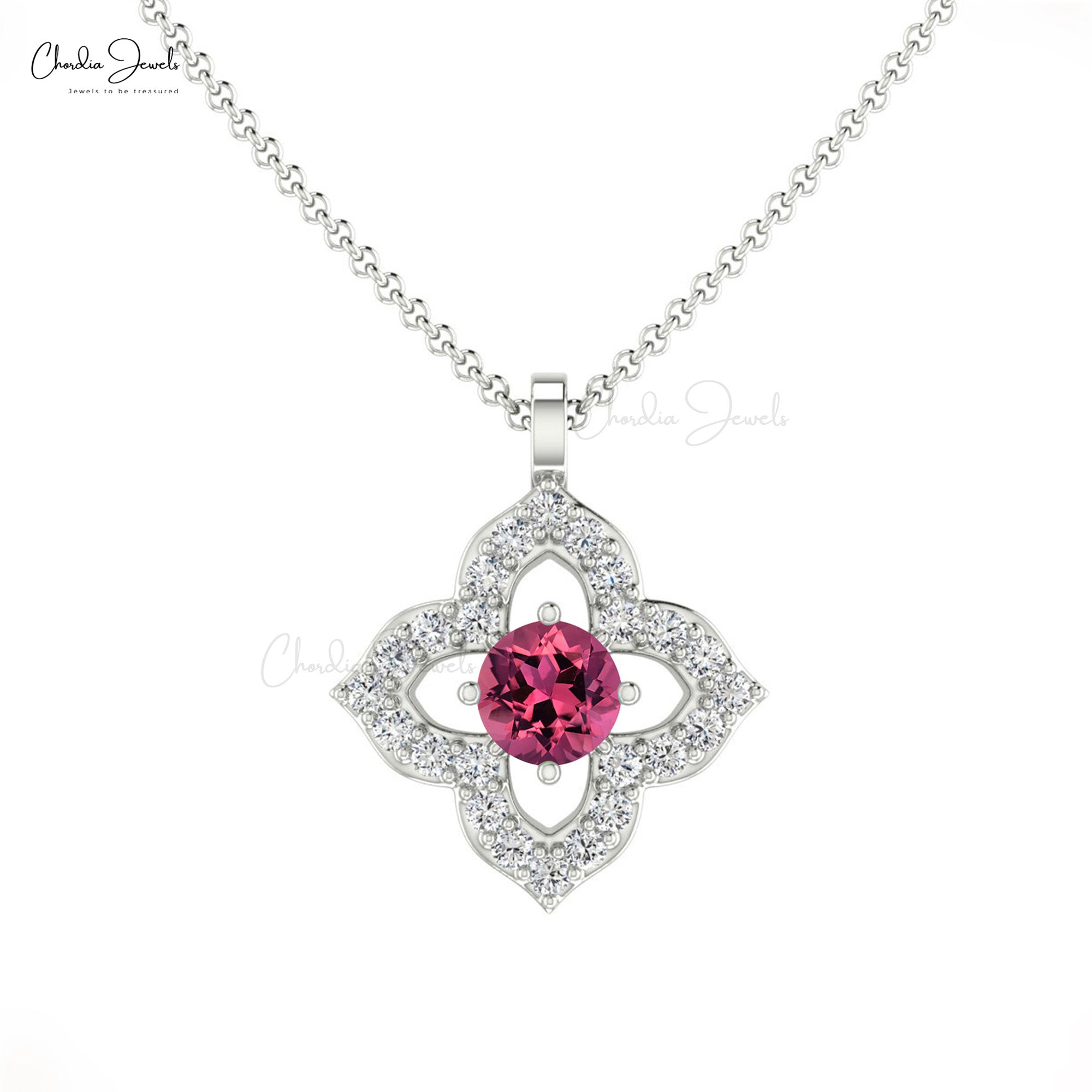 High Quality 14K Gold Pink Tourmaline & Round diamond Pendant Necklace
