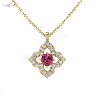 High Quality 14K Gold Pink Tourmaline & Round diamond Pendant Necklace