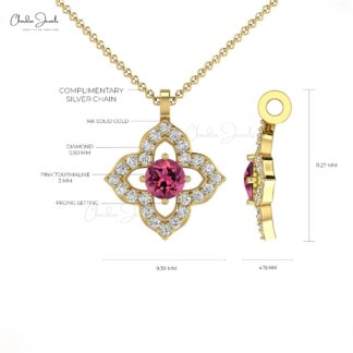 High Quality 14K Gold Pink Tourmaline & Round diamond Pendant Necklace