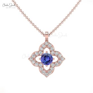 Floral Wedding Charm With 3mm Tanzanite And Diamond Accents In 14k Solid Gold Pendant